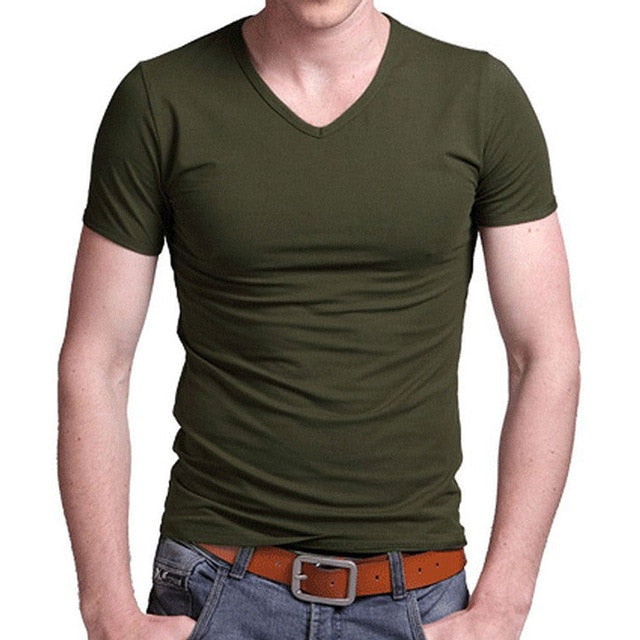 2019 Stretch Lycra V Collar Mens T Shirt Solid Color Short Sleeved T-Shirt For Male Men Tights Slim Tshirt