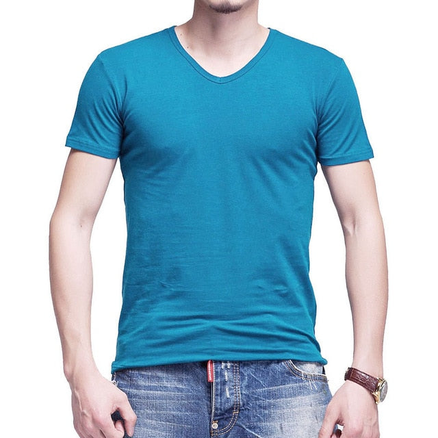 2019 Stretch Lycra V Collar Mens T Shirt Solid Color Short Sleeved T-Shirt For Male Men Tights Slim Tshirt