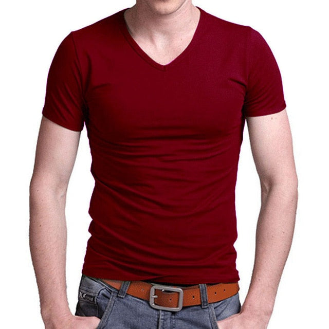 2019 Stretch Lycra V Collar Mens T Shirt Solid Color Short Sleeved T-Shirt For Male Men Tights Slim Tshirt