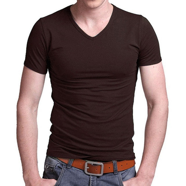 2019 Stretch Lycra V Collar Mens T Shirt Solid Color Short Sleeved T-Shirt For Male Men Tights Slim Tshirt