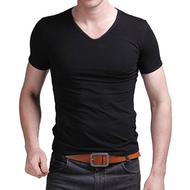 2019 Stretch Lycra V Collar Mens T Shirt Solid Color Short Sleeved T-Shirt For Male Men Tights Slim Tshirt