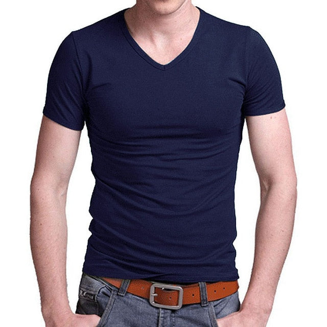 2019 Stretch Lycra V Collar Mens T Shirt Solid Color Short Sleeved T-Shirt For Male Men Tights Slim Tshirt