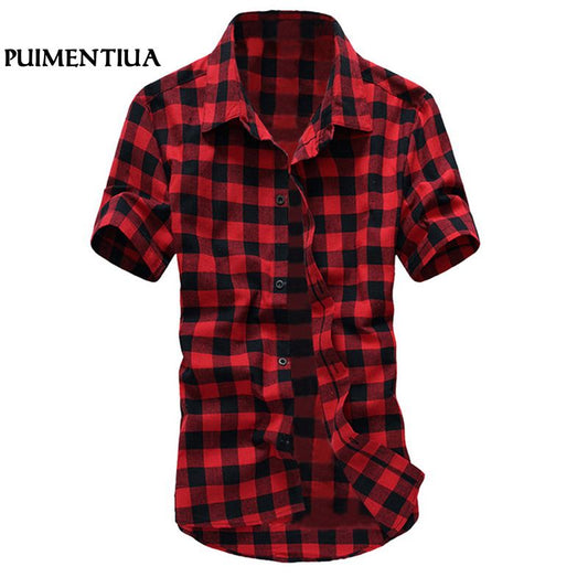 Puimentiua Summer Fashion Turn-down Collar Short Sleeve Men Shirt Casual Red Black Plaid Shirt  Male Shirt camisa hombre 2018