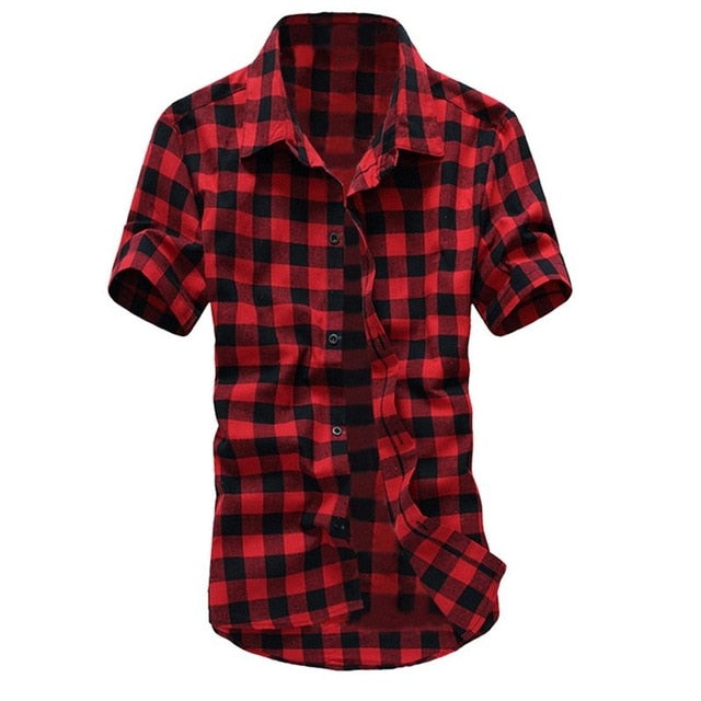 Puimentiua Summer Fashion Turn-down Collar Short Sleeve Men Shirt Casual Red Black Plaid Shirt  Male Shirt camisa hombre 2018